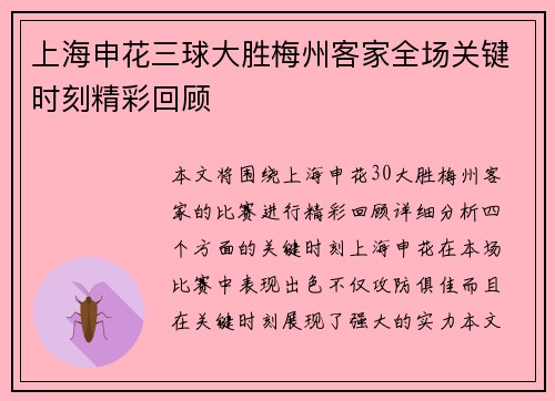 上海申花三球大胜梅州客家全场关键时刻精彩回顾