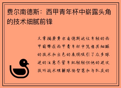 费尔南德斯：西甲青年杯中崭露头角的技术细腻前锋