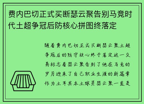 费内巴切正式买断瑟云聚告别马竞时代土超争冠后防核心拼图终落定 费内巴切正式买断瑟云聚告别马竞时代土超争冠后防核心拼图终落定
